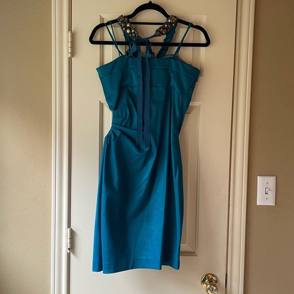 Badgley Mischka Teal Halter Dress with Jewel Neckline - size 6 - Picture 6 of 6